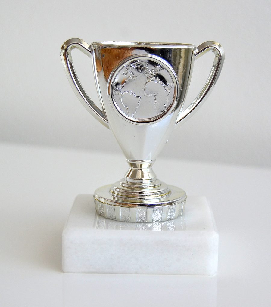 silverpokal trofé i silver med vit marmorsockel