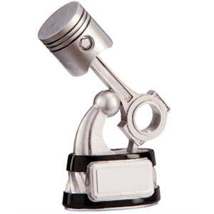 statuette trophy piston in silver black base with engraving plate