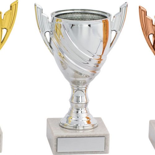 gold silver bronze trophies with a white base