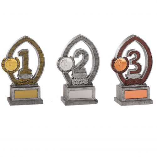 gold silver bronze statuette trophy prizes with engraving plate