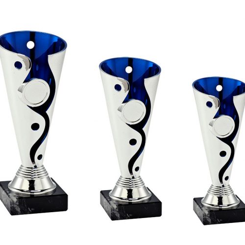 silverpokal trofé i silver med blåa detaljer och en svart sockel