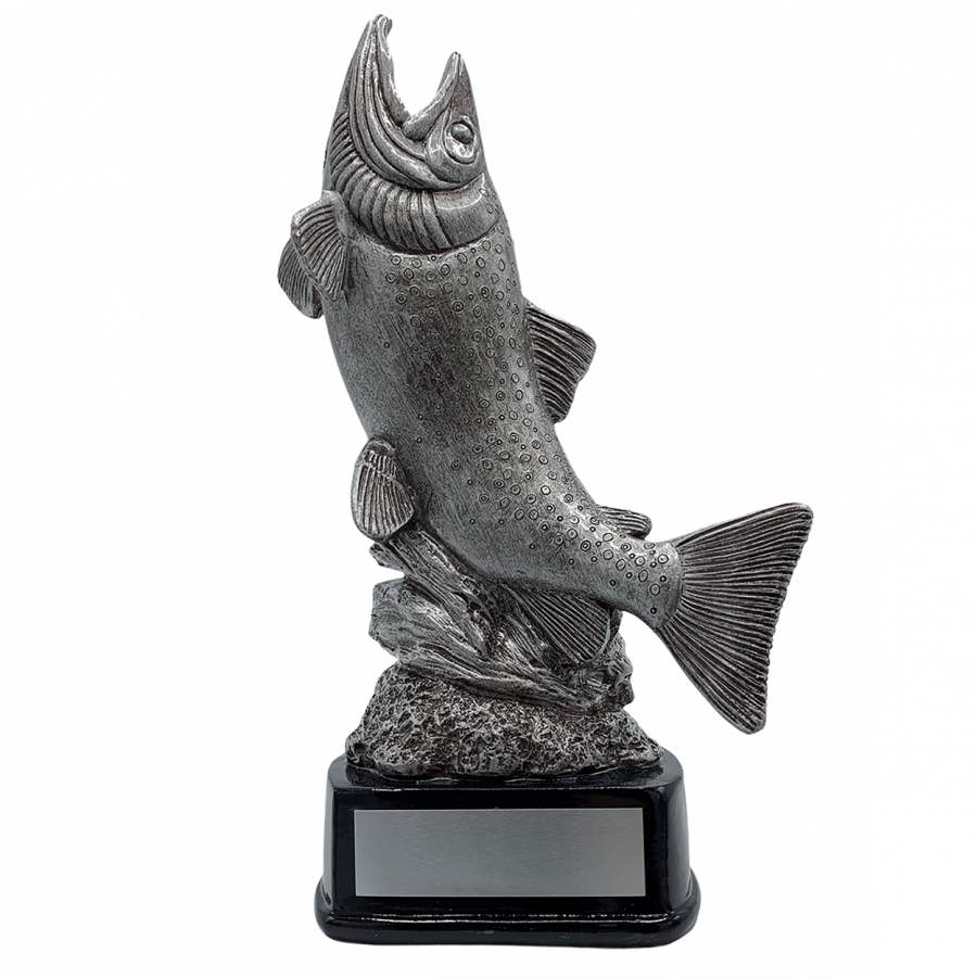 statyett med en hoppande lax fiske i silver