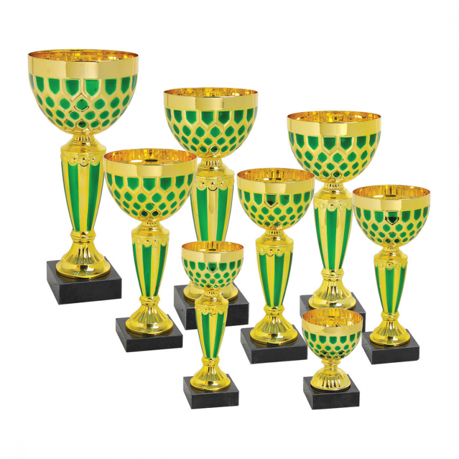 8 green and gold trophies on display