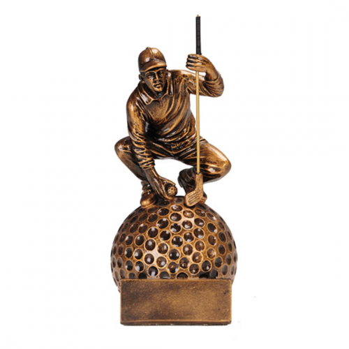Award with man sitting on a big golf ball